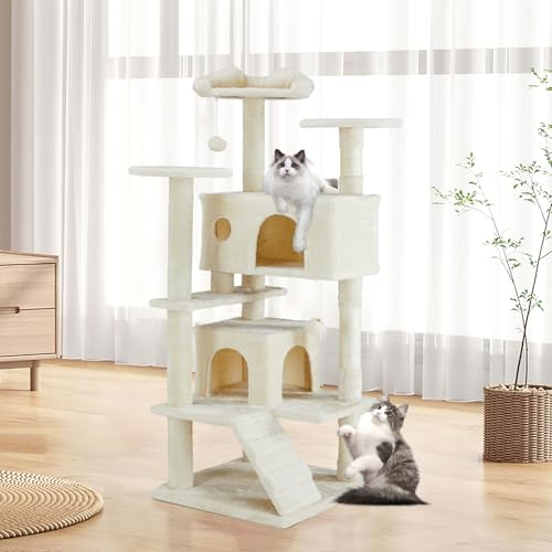DUMOS Katzen Kratzbaum, 135 cm Katzenbaum Kletterturm, Katzenkratzbaum, Cat Tree mit Höhle, Komplett mit Sisal Umwickelt, Scratching Post, Aktivitätskratzbäume für Katzen Jeden Alters (Beige)