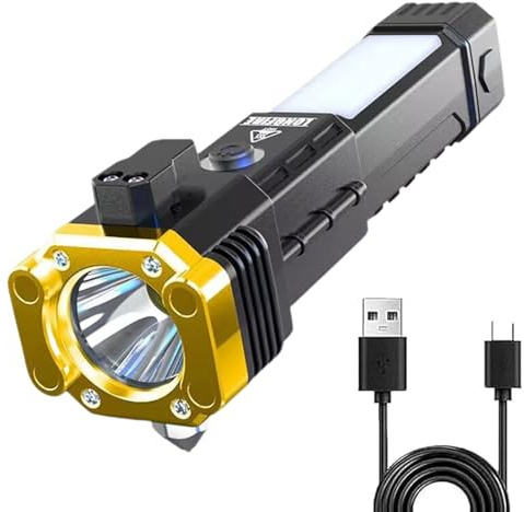 Multifunctional Rechargeable Tactical LED Flashlight with Car Safety Hammer, Emergency Car Escape Tool with Window Glasses Breaker(Gold)