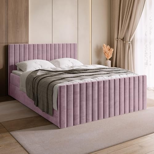 BROMARKT Boxspringbett 140x200 mit Bettkasten Topper Härte H3 Rosa | Doppelbett mit Bonellmatratze gepolsterte Kopfstütze Fußteil Polsterbett Bett Bed Jugendbett Einzelbett hinterteil DREAM DUO
