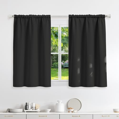Runyéla Gardinen mit Kräuselband Vorhänge Blickdicht Schwarz Verdunkelungsvorhänge 2er Set 120 x 90 (HxB) für Schienensystem, Thermovorhänge Kälteschutz Schiebegardinen für Wohnzimmer Curtain