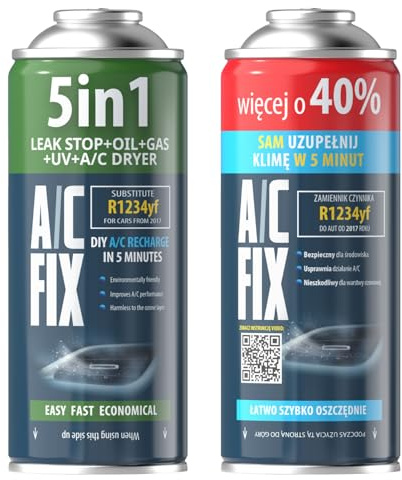 AC Fix 5-en-1 – R1234yf + 2 en 1 Réfrigérant pour climatisation Automobile avec Huile, Produit d'étanchéité, Colorant UV, dessiccant – Protège Le compresseur