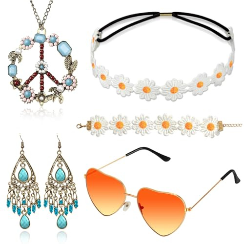 Alintor Hippie Accessoires mit Brille, Flower Power Peace Kette für Hippie Kostüm Damen, 60er 70er Jahre Bekleidung Damen
