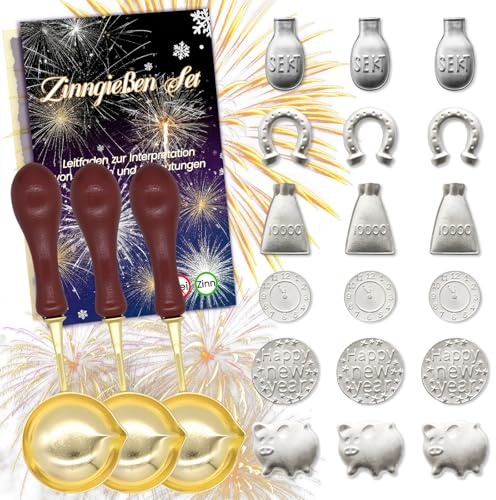 AN-WATTY Zinngießen Set mit 18 Zinn Giessen, 3 Löffeln und 1 Orakelheft | Zinngießen Silvester Gesunde Alternative zum Bleigießen Set, für Glücksbringer Silvester Spiele und Neujahrsgeschenke