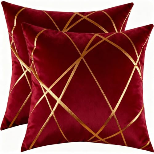 Miuyunya 2er Set Samt Kissenbezug Gold Line Art 50x50 Deko Kissen Wohnzimmer Modern Kissenhülle Rot Sofakissen Kissenbezüge Dekorative Zierkissenbezüge Square für Sofa Schlafzimmer Couch
