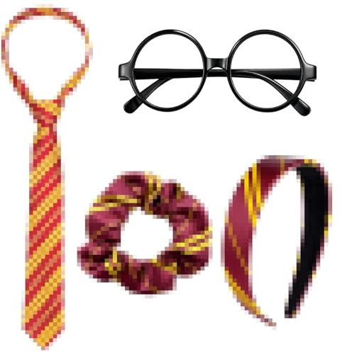 Magische Kostüm Accessoires Kinder Erwachsene,Wizard Costume AccessoriesSet | Rot Und Gelb Gestreiftes Haarreif + Krawatte + Haargummis + Runder Brillen, Fasching Karneval Party Kostüme Zubehör