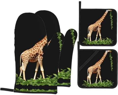 Kitchen Baking 4-teiliges VVXBHGR Giraffe Essen Gras Drucke Set mit weichem Futter und dicker Isolierung für Küche Kochen und Grillen im Freien