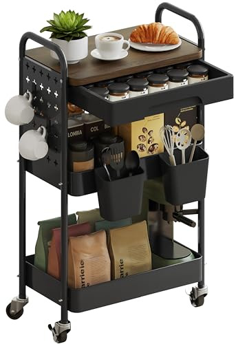 kitchen Storage Trolley on Wheels - 3 Tier Rolling Cart Unit Bathroom Slim with Table Top - Metal Trolly on Wheel with Drawers - Black Wheeled Storage Rack Utility Cart for Craft Vegetable Beauty Book