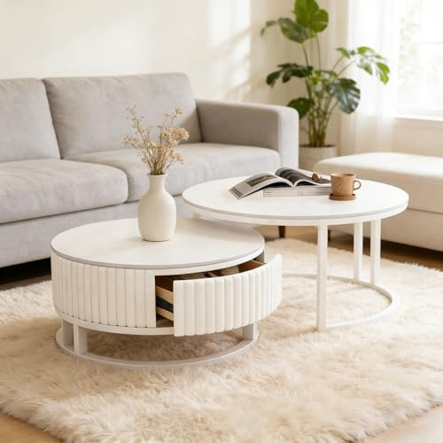 Srklnvcxel Blanche Table Basse Salon Lot De 2 Table Basse Ronde Marbre Tables Basses Gigogne 2 en 1 Tables D'appoint avec Bois Massif Tiroirs Et Pieds en Métal pour Salon Chambre Bureau 50+70cm
