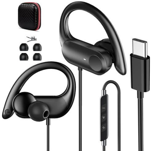 AIAUXAI Over Ear Headphones Wired Earbuds USB C with Ear Hooks &Microphone