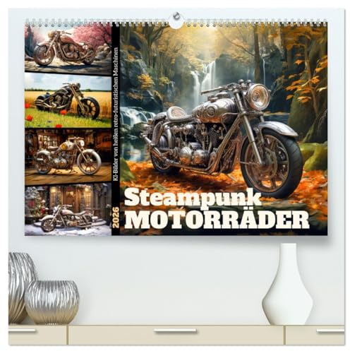 Steampunk Motorräder (hochwertiger Premium Wandkalender 2026 DIN A2 quer), Kunstdruck in Hochglanz: KI-Bilder von heißen retro-futuristischen Maschinen (CALVENDO Mobilitaet)
