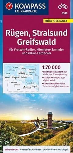 KOMPASS Fahrradkarte Rügen, Stralsund, Greifswald 1:70.000, FK 3319: reiß- und wetterfest mit Extra Stadtplänen (KOMPASS-Fahrradkarten Deutschland, Band 3319)