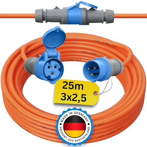 Camping Kabel 25 Meter CEE Verlängerungskabel 25m Außen H07BQ-F 3x2,5 Strom Wohnwagen Landstromanschluss Wohnmobil Caravan Orange Verlängerung Stromkabel Verlaengerungskabel Outdoor