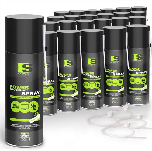 24 x 400ml Spraytive Power Druckluftspray/Druckluftreiniger: Mit 10cm + 50cm Sprühverlängerung - Druckluft aus der Dose Air Duster - Reinigung von Tastatur, PC/Computer, PS5, Kamera - Made in Germany!
