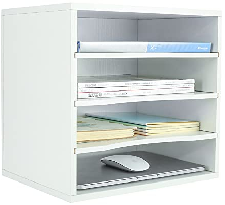 PAG 4 Fächer Einstellbar Schreibtisch Organizer Holz, Ablagefächer Stapelbar Dokumentenablage Holz,Desktop-Datei Mail Sortiermaschine,Weiß