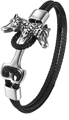JewelryWe Mens Leather Bracelet,Vintage Double Wolf Heads Stainless Steel Multi-Layer Woven Leather Rope Bracelet
