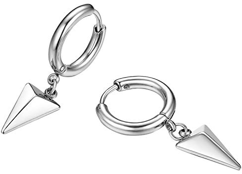 Flongo Herren Ohrstecker Creolen Damen Ohrringe Ohrhänger aus Edelstahl in Silber Stecker mit hängenden Triangel Pyramide Anhänger Männer, Frauen
