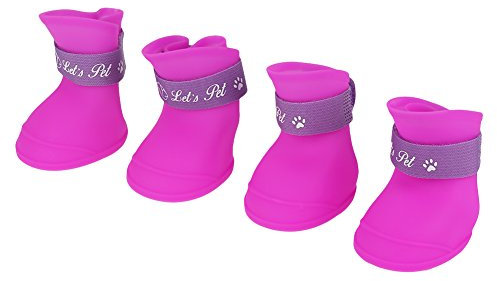 4Pcs Hundeschuhe Pfotenschutz Gummi Regenschutz Wasserdicht Anti-Rutsch Gummi Regen Stiefel Haustierschuhe für Kleine Hunde Katze Welpen (L-Lila)