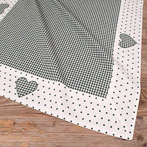Tischdecke LISE grün kariert, Bordüre Punkte & Herz - Großes Tischtuch Landhausstil 70 x 70 cm Tischdeko quadratisch - Waschbare Mitteldecke aus 70 % Baumwolle, als moderne Esstischdeko, Hochzeitsdeko