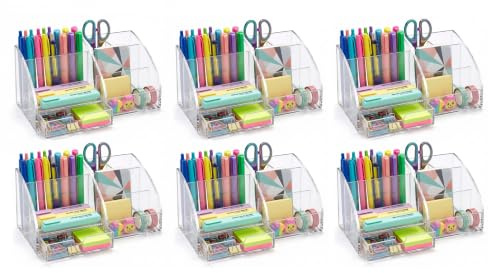 OSCO Transparent Clear Acrylic Desk Tidy Pen Pot, 7 Section Organiser with Pull-Out Drawer for Stationery, Cosmetics & Home Office Supplies, H12×W25×D13 cm, 6 Pack