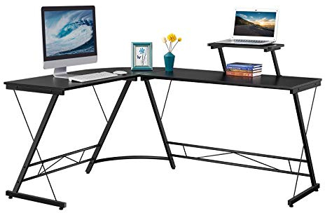 Yaheetech L-förmiger Schreibtisch mit Holz-Monitorständer Eckschreibtisch Computertisch Arbeitstisch PC Gaming-Schreibtisch mit Gestell