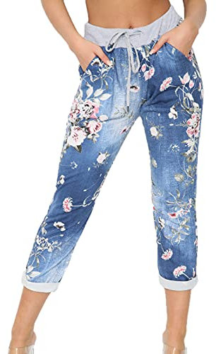 Crazy Fashion Damen Denim Jogger Stern Bedruckte Jogginghose Floral gerippte Gürtelhose Damen Lässige Sommer Italienische Gym Laufhose Plus Größe 34-52 (EUR 16, Dark Denim Floral)