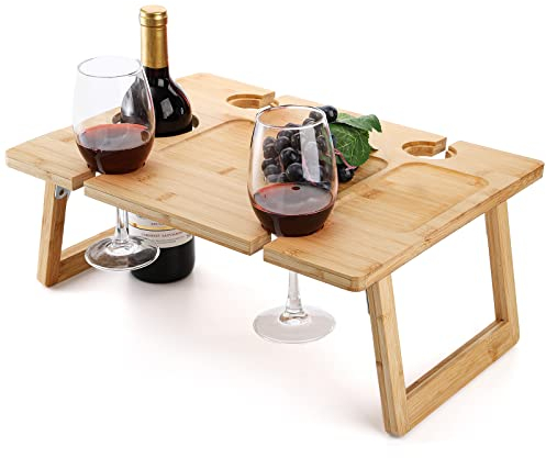 Peohud Tragbarer Wein-Picknicktisch, faltbarer Champagner-Picknick-Snack-Tischtablett, Holz-Picknicktisch mit Glashalter für Park, Strand, Camping, Bett, Weinliebhaber Geschenk