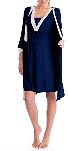 Bysion Robe de Grossesse Femme Col V Élégant Dentelles Chemise de Nuit Maternité Grossesse Allaitement Pyjama pour la Maison et Hôpital - Lot de 2