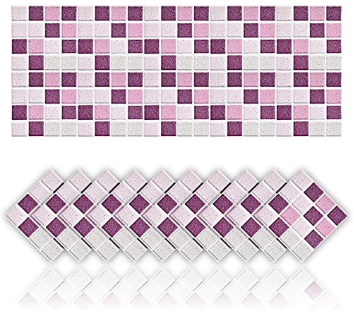Cendray 20 Pz Adesivi per Piastrelle Antiolio Impermeabile PVC Autoadesivo Decorazione Stile Mosaico Adesivi per Bagno Cucina Parete Fai da Te (20x20cm,Viola)