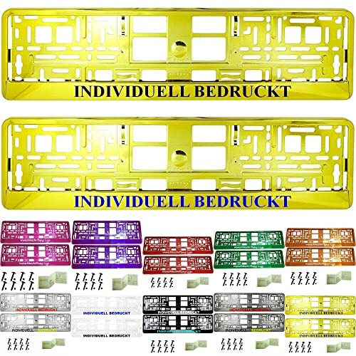 2 Stück Kennzeichenhalter mit Wunschtext Beschriftung Werbung Bedruckt. KOSTELOSE Lieferung (Gelb Chrom)