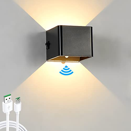 WRMING 5W LED Innen Wandlampe mit Bewegungsmelder Akku Aufladbar Wandleuchte Schalter Treppenlicht USB Wiederaufladbar Warmwei? kabellos Schlafzimmer Magnetisch up und down light Flurlampe (black)