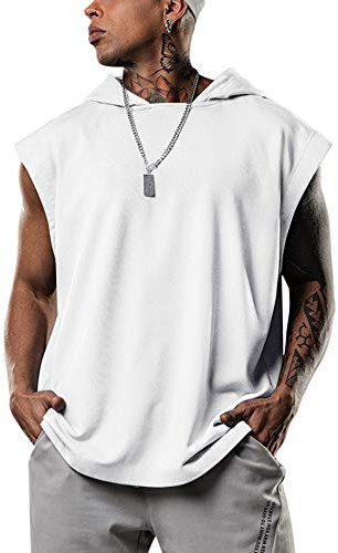 Hoodie Herren Ärmellos Tank Top Sweatshirt Ärmellos Workout Bodybuilding Shirt Muskelshirts Tanktop Mit Kapuze Weiß L