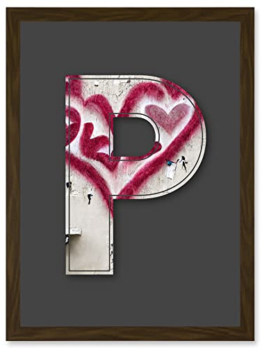 Wee Blue Coo Letter P Heart Cream Decorative Graffiti Mural Alphabet Initial Stencil Artwork Framed Wall Art Print A4