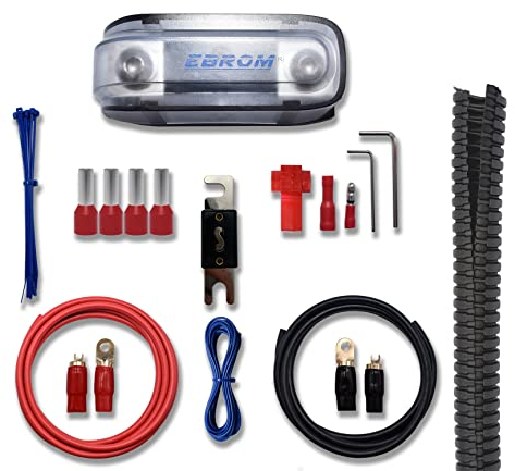 EBROM Batteriekabel Vollkupfer Car Hifi Kabel Set 10mm2, 16mm2, 25mm2, 35mm2, 50mm², Pluskabel + Massekabel, AFS oder ANL Sicherungshalter + Sicherung, Ringkabelschuhe + Gabelschuhe + 1 Meter Leerrohr