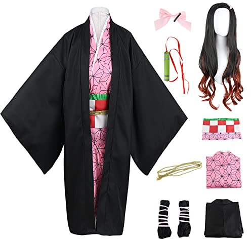 YEAJION Kamado Nezuko Cosplay Kostüm mit Perücke Demon Slayer Kostüm Anime Cosplay Kostüm Kimetsu no Yaiba Kimono Set Halloween Karneval Party Bühnenauftritt Kostüm Erwachsene Damen Herren