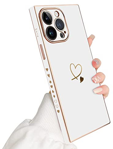 Newseego Compatible with iPhone 14 Pro Max Case, Square Cute Plating Love Heart Pattern 14 Pro Max Phone Case Women Girls TPU Shockproof Full Camera Lens Protection iPhone 14 Pro Max Case+Chain -White