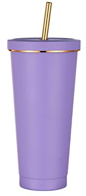 HUIEYE 750ML Gobelet Isotherme Avec Paille et Couvercle, Tasse à café en Acier Inoxydable,Réutilisable Tasses Isothermes Pailles et Brosse Nettoyage,Tasse à Café pour Boissons Chaudes Glacées(Violet)