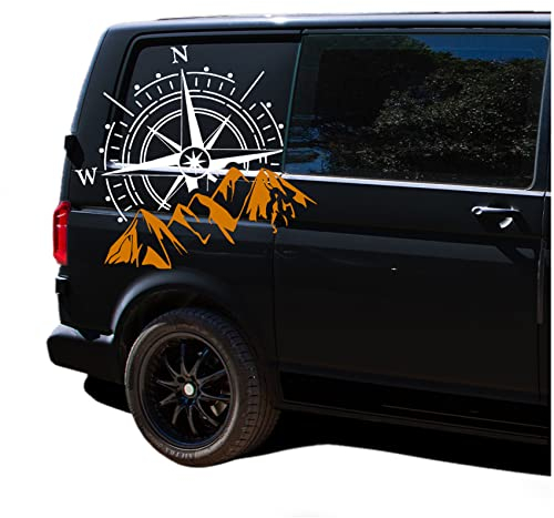 Autoaufkleber Kompass Sport Mountains 60x56cm Windrose Sticker Folie für Auto Wohnwagen Anhänger Aufkleber Selbstklebend Kfz Zubehör KX072 KX073 (Kompass weiß, Berge Orange)