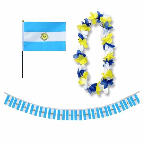 Sonia Originelli Argentinien Fan-Set 9 mit Tischfahne, Girlande und Hawaiikette - Fanartikel in der argentinischen Nationalflagge für WM, EM und Events