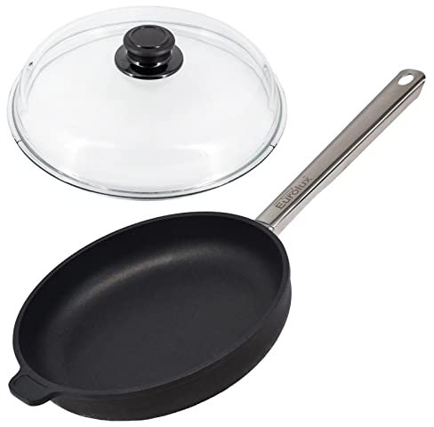 Eurolux Guss-Pfanne Set Induktion & Glas-Deckel Ø 26 cm - große runde Flachrandpfanne 5 cm - Gastro Alugusspfanne mit Antihaftbeschichtung - Made in Germany