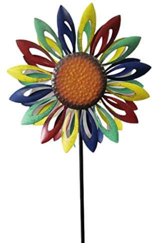 CIM Girandola a vento in metallo, doppia ruota a vento Grand Rainbow Flower – altezza totale: 183 cm, diametro ruota a vento 60 cm, decorazione da giardino – resistente alle intemperie – con