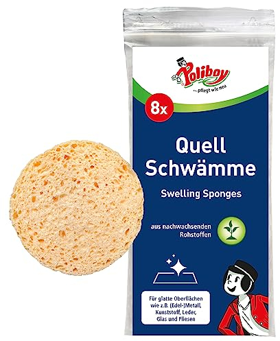 POLIBOY Quellschwämme - Runder Universalschwamm für Haushalt, zum Reinigen, Polieren und Auftragen - Aus nachwachsenden Rohstoffen - ⌀ 8 x 1,5 cm - 8 Schwämme - Made in Germany