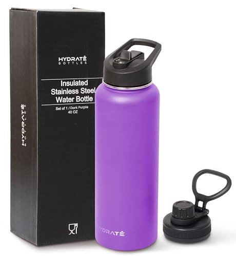 HYDRATE Trinkflasche Edelstahl - 1.2 L - Doppelwandige Isolierung - Trinkflasche Wandern - 2 Deckel Trinkflasche - Plastik Silikon - Trinkflasche mit Strohhalm - Set of 1 - Dunkelviolett