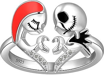 Verstellbare Jack Skellington Ringe Frauen Albtraum vor Weihnachten Totenkopfringe 925er Sterlingsilber Versprechen Ring Romantische Geschenke für sie Teen Mädchen Halloween-Ring für Frauen FR0079W