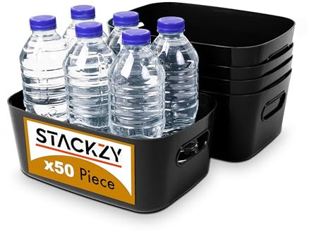 Stackzy Under Sink Storage Boxes – Strong Rectangular Multi Use Storage Baskets with Handles – Home, Kitchen and Bathroom Organiser – Black, 50pcs