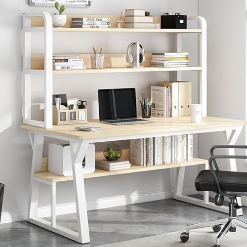 QTQHOME Computer Desk with Bookshelf and Hutch, Space Saving Writing Study Table with Open Storage Shelves, Modern Simple Wood Table Metal Frame Workstation Desk for Home Office Desk(120cm/47inch, A)