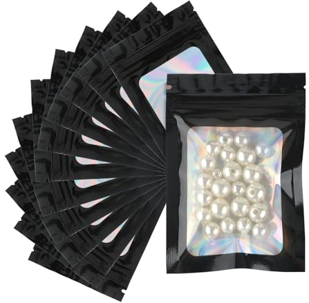 G2PLUS 100PCS Mylar Ziplock Bags Sachets Plastiques Zip-Noir Sachets Refermable Zip Mylar 7x10cm Pochon Zip Holographique pour Stockage Aliments et Emballage