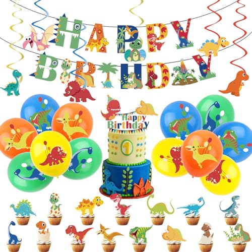 44Pcs Dinosaur Birthday Decorations for Boys Home Dinosaur Party Balloons,Happy Birthday Banner Bunting,Cake Toppers,Dinosaur Hanging Swirls for Kids Baby Shower Cartoon Dino Theme Party Supplies