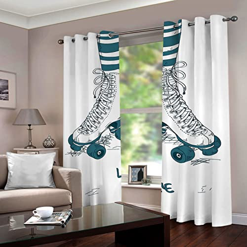 Superweiche 3D-Verdunklungsvorhänge für Kinder, Blau- und Schlittschuhe-Druck, für Schlafzimmer und Wohnzimmer, wärmeisoliert, mit Ösenring oben, Raumverdunklungsvorhänge (Set mit 2 Bahnen), B 168 cm
