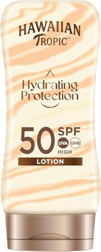 Hawaiian Tropic| Hydrating Protection Sonnenschutz mit LSF 50, UVA- und UVB-Schutz, 180 ml, 12 Stunden Feuchtigkeitsversorgung mit Kakao- und Sheabutter, wasserfest, vegan