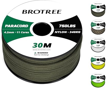 BROTREE Paracord 750lb 4mm 30M 100% Nylon Seil Typ 4 Schnur mit 11 Kern für Survival, Camping, Outdoor - 340kg Bruchlast (Armee Grün)